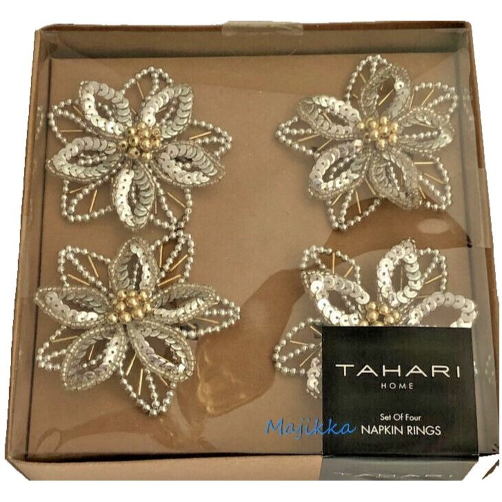 Tahari Poinsettia Flower Napkin Rings Beaded Silver Christmas Holiday Set of 4